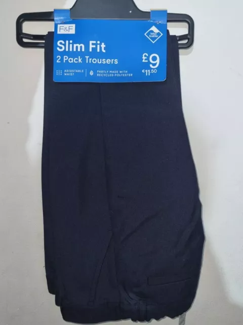 Brand New Boys Navy School Trousers Adjustable Waist Slim Fit 2 Pack 8-9Yrs