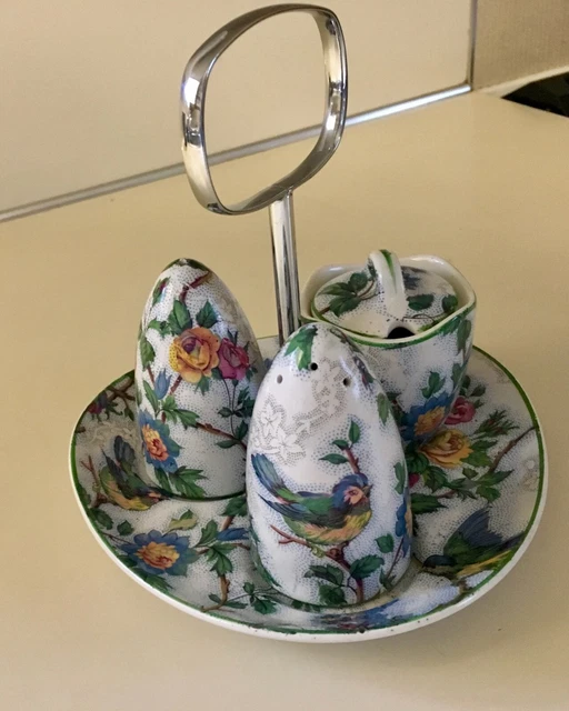 Vintage Midwinter Lorna Doone Chintz 5 Pc Condiment Set Birds & Flower Pattern