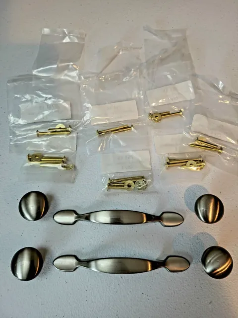 Four Brushed Nickel Mushroom Cabinet knobs 1 1/4" and Two Pulls 5 3/4"