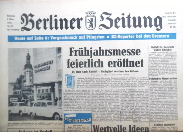 BERLINER ZEITUNG 1. März 1964 Messe-Leipzig Bauernkongreß boxen DDR-Grenzer DEFA