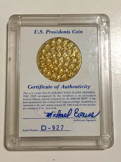 U.S. Presidents Coin 1981 Limited Edition 24-Karat Plated Gold Empire Mint COA