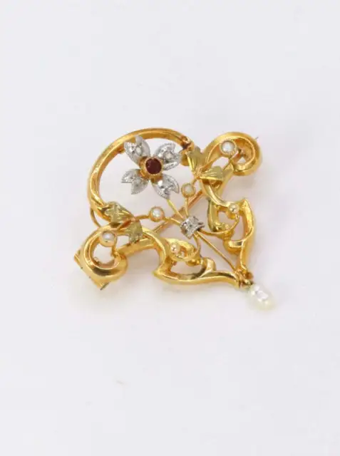 Broche-Pendentif Art-Nouveau en or, perles fines, diamants et grenat