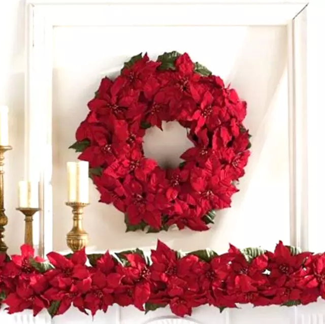 $128⭐Grandin Road Frontgate Christmas 25 in Wreath Red Poinsettia Velvet Indoor