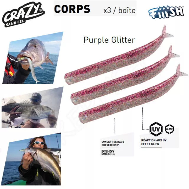FIIISH ! 3 recharges corps Crazy Sand EEL Purple Glitter (LIEU, BAR, MORUE ...)