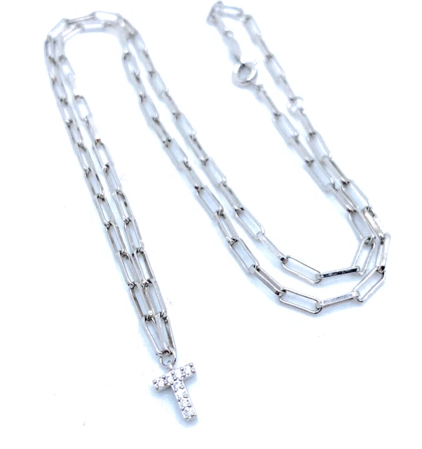 Nadri Signed Silver Tone Paper Clip Chain Necklace w/ Crystal "T"