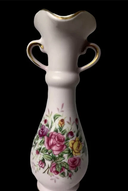 Lefton Vase Pink Floral Bud Vase Flower Pot Gold Handles Urn Style
