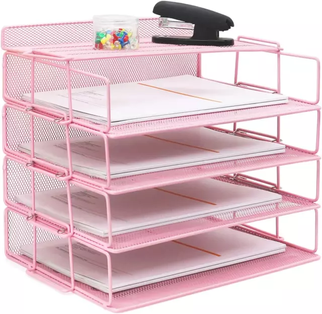 Paper Tray - Letter Tray Desk Organizer, 4 Tier Stackable Paper Tray Pink File O