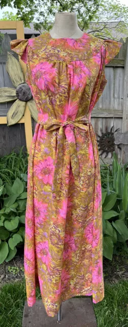 VTG 60s 70s summer Maxi Dress Flower Power Pink Gold B38 W44 L48" EUC