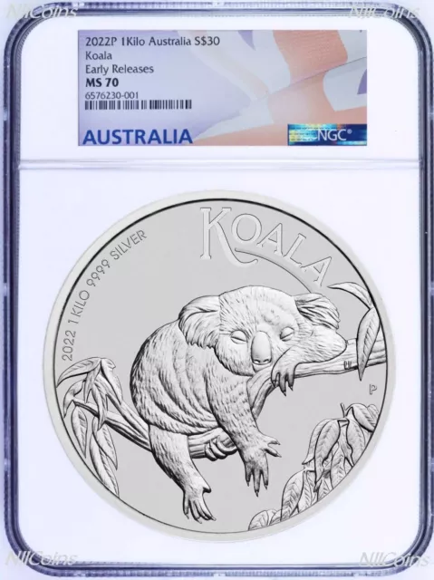 2022 Koala 1 Kilo .9999 Silver $30 Coin NGC MS70 Early Release 32.2oz Flag Label