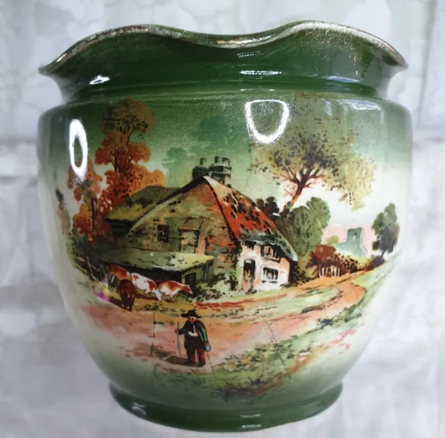 Vintage Ceramic Planter Green With Old Farm Scene Approx 10cm High And 11cm Wide