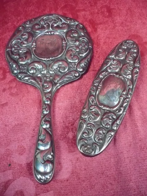 Pretty, Very Old Set, Hand Mirror, Brush, 835 Silver