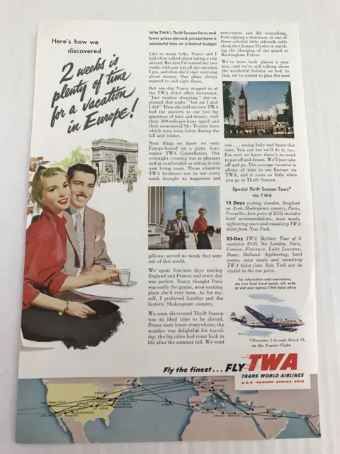 Transworld Airlines Vtg 1953 Print Ad Fly TWA