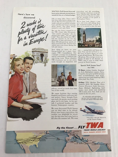 Transworld Airlines Vtg 1953 Print Ad Fly TWA