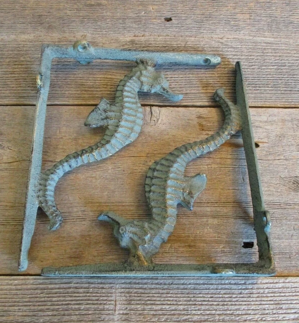 2 Cast Iron NAUTICAL SEAHORSE Brackets Garden Braces Shelf Bracket Book Beach
