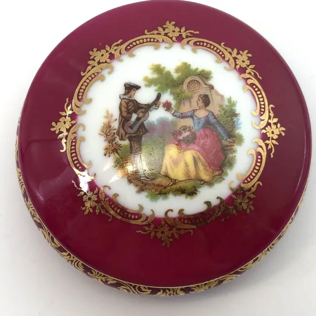 Vintage Limoges Castel France Courting Couple Trinket Box Red Gold Porcelain