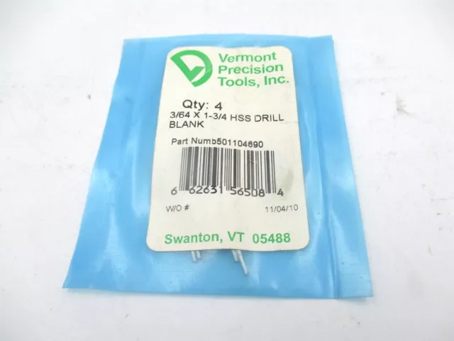 Vermont (501104890) 3/64" x 1-3/4" OAL High Speed Steel Drill Blank - Pack of 4