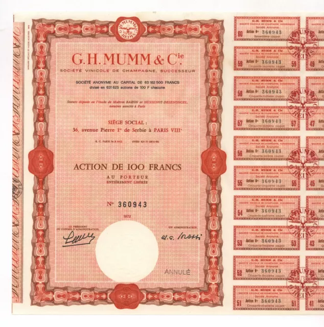 Mumm & Cie. Société de Champagne – Aktie über 100 Francs – Paris – 1972