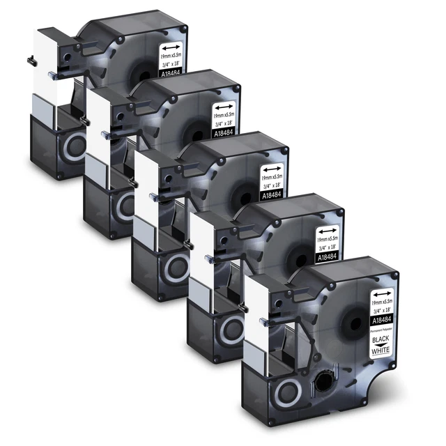 5PK Black on White Polyester Label Tape 18484 for Dymo Rhino 5000 5200  3/4''