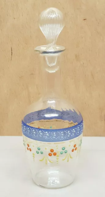 Ancien carafe a liqueur ou flacon en verre + bouchon emaillee decor Motif floral