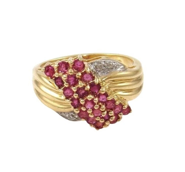 Massiver 14K Gelbgold natürlicher roter Rubin Diamant Akzent Wasserfall Ring Größe 6,5