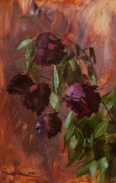 Pittura a olio originale, natura morta con fiori secchi, arte floreale...