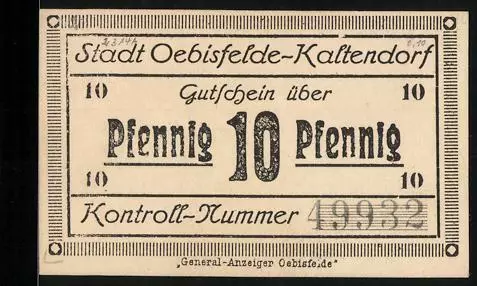Notgeld Oebisfelde-Kaltendorf, 10 Pfennig, Kontroll-Nr. 49932