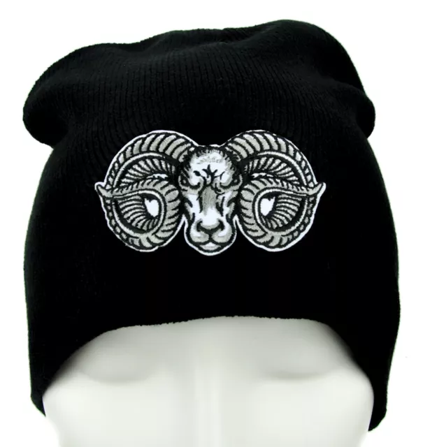 Evil Ram Horns Goat Head Black Beanie Knit Cap Hat Metal Punk Occult Alternative