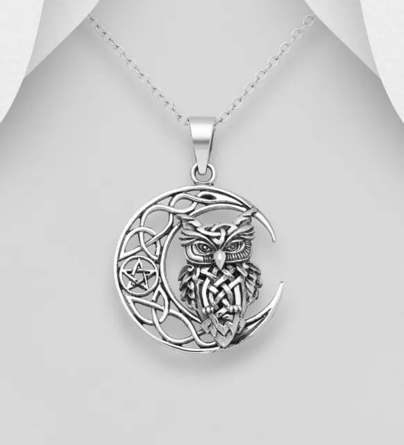 Unisex Pendant 925 Sterling Silver Star Celtic Crescent Moon and Star with Owl