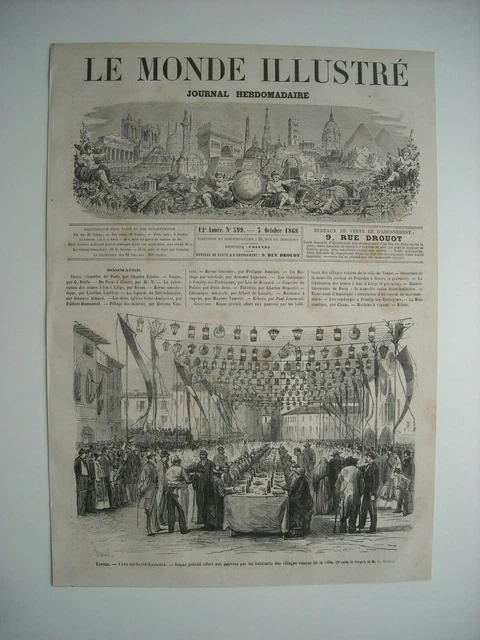 Gravure 1868. Venise. Fete De Saint-Laurent. Repas Gratuit Offert Aux Pauvres...