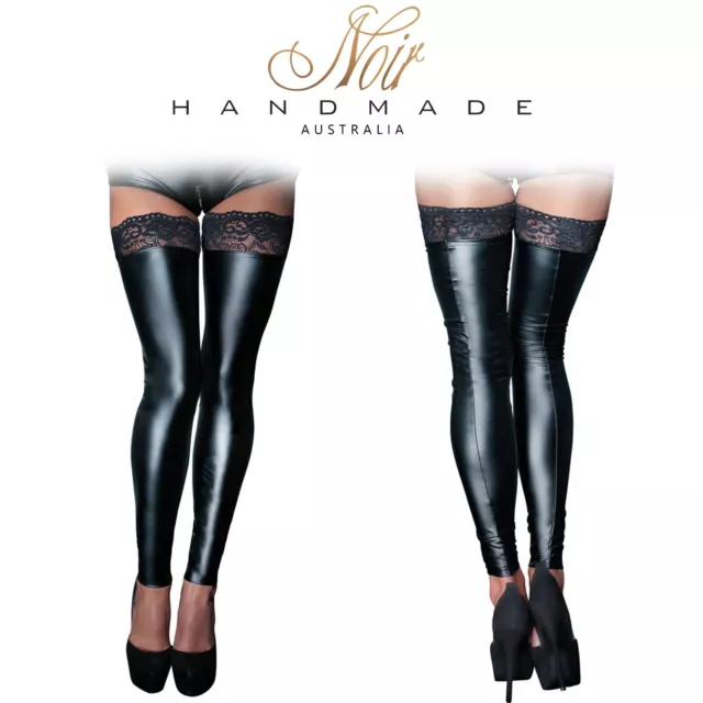 Noir Handmade Woman's Fitted Sexy Wet look Stockings Calze aderenti con pizzo