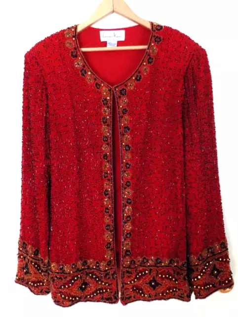 Laurence Kazar New York Womens Size 2X Silk Beaded Sequin Jacket Red Black Vtg