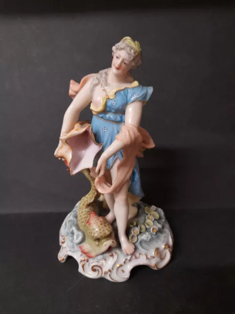 Rare Antique German Porcelain Figurine, Lady With A Shell And Dolphin Stunning.