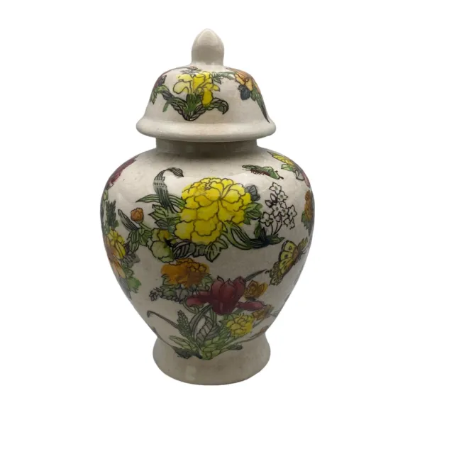 Vintage Floral Urn Jar Ceramic Handpainted With Lid, 7 1/2 Tall