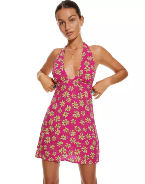 MOTEL ROCKS Leana Dress in 90's Beachy Floral Hot Pink (MR61)