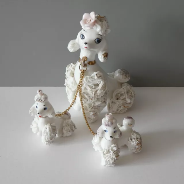 3 Vintage Poodle Dog Puppies Figurines Spaghetti Pottery Ornaments Japan Kitsch