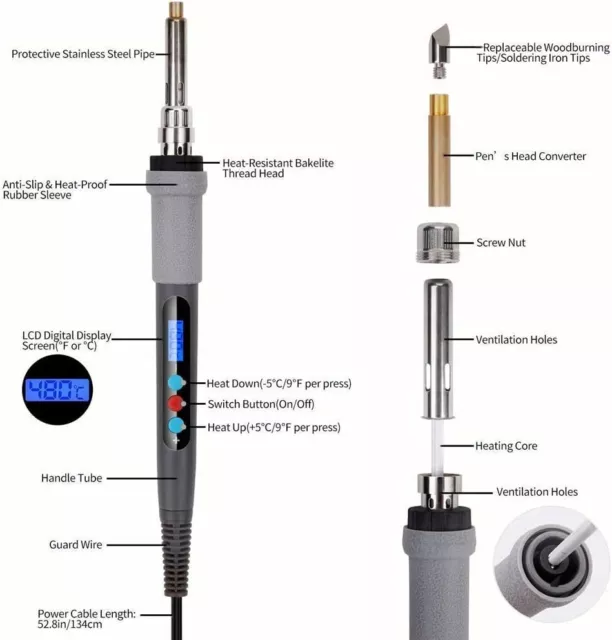 Wood Burning Kit 77Pcs, 60W LCD Adjustable Temperature Soldering Pyrography Woo 2