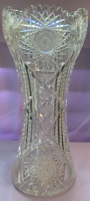 Antique American Brilliant Abp Heavy Cut Crystal Glass Vase Pinwheels Stars 14+H