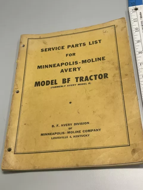 Minneapolis Moline 1950s Avery Model BF Tractor Old Vintage Parts List Manual