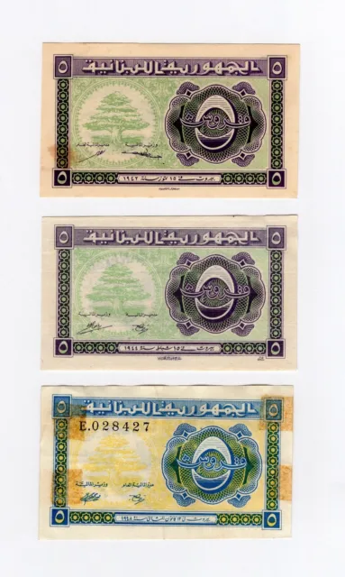 Lebanon , 3X  5 Piastres ( 1942 - 1944 - 1948 ) Pick# 34-38-40 XF