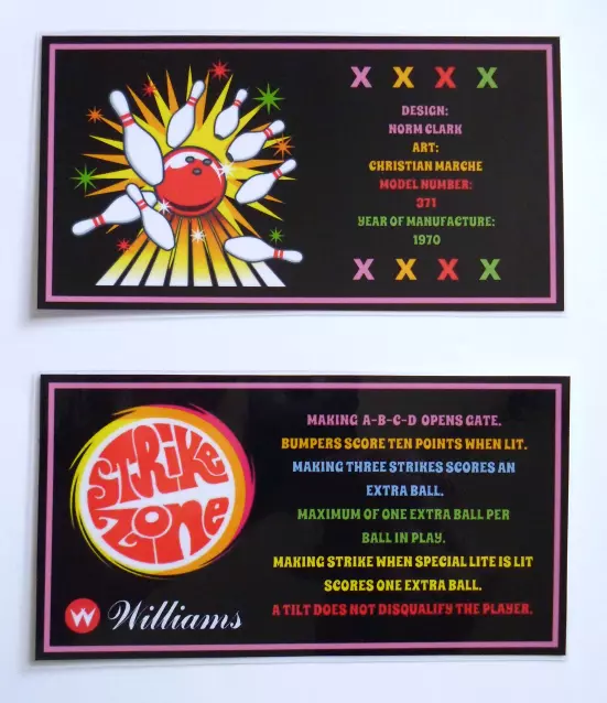 * * 'STRIKE ZONE' Williams 1970 Custom Instruction/Apron Cards * * (New)