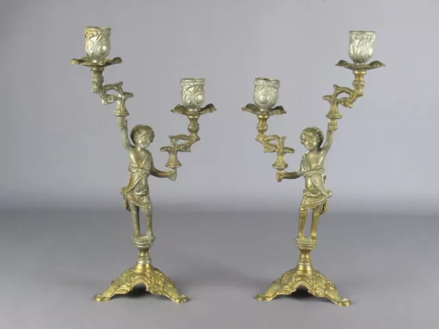 2 Vintage Candelabri In Antimonio Con Statua Modernariato Design 1960