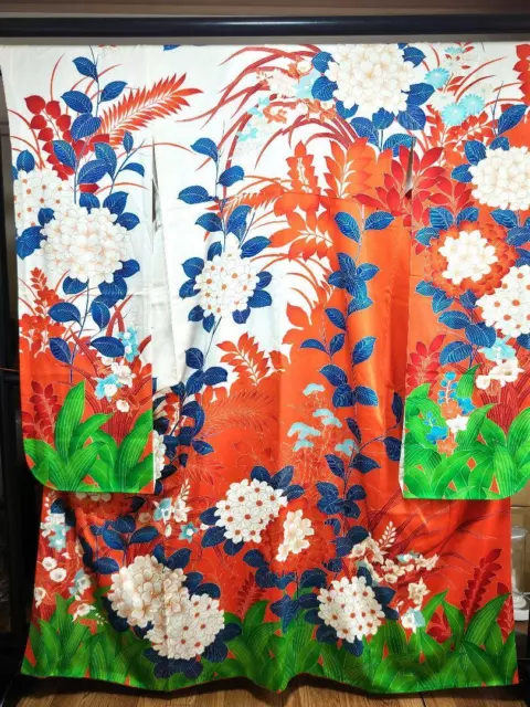 Japanese Kimono Silk Furisode Long Sleeves Gold Thread Flowers Grass White 62"