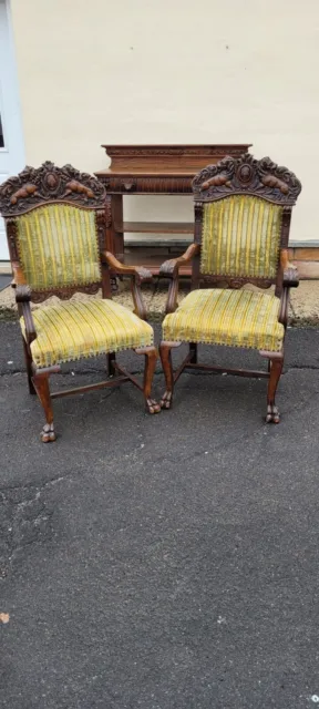 Carved Lions Oak Victorian Arm Chairs