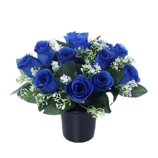 Blue Rose Valentines Silk Flowers Grave Crem Cemetery Memorial Pot Insert Vase
