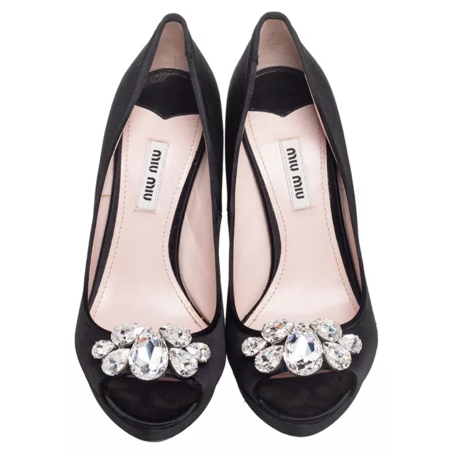 MIU MIU BLACK Satin Crystal Embellished Peep Toe Pumps Size 37.5 $165. ...