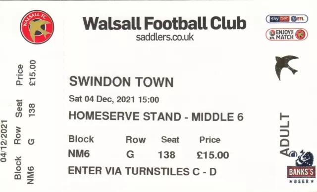 Ticket - Walsall v Swindon Town 04.12.21