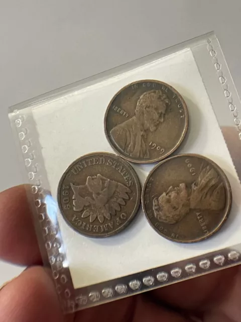1909 VDB Lincoln Cent + 1909 Lincoln Cent + 1909 Indian Head Cent Run #42101
