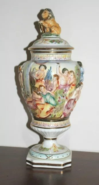 Vintage R. Capodimonte Figural Urn w/ Lion Lid 15.125" H x 6.5" W Numbered
