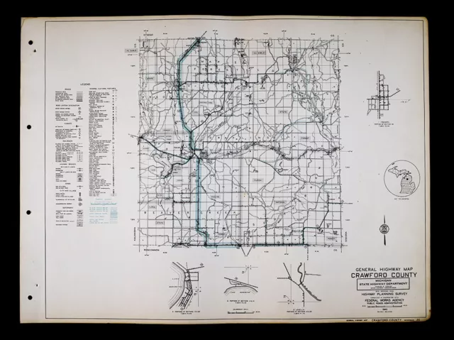 1940 Michigan Highway Map Crawford County Grayling Hartwick Pines Winter Park MI