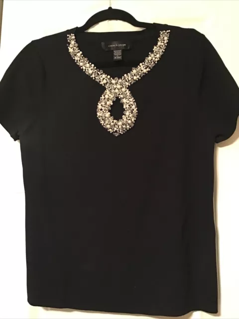 Cable & Gauge Black Short Sleeve Knit Top With Embellished Neckline And Keyhole